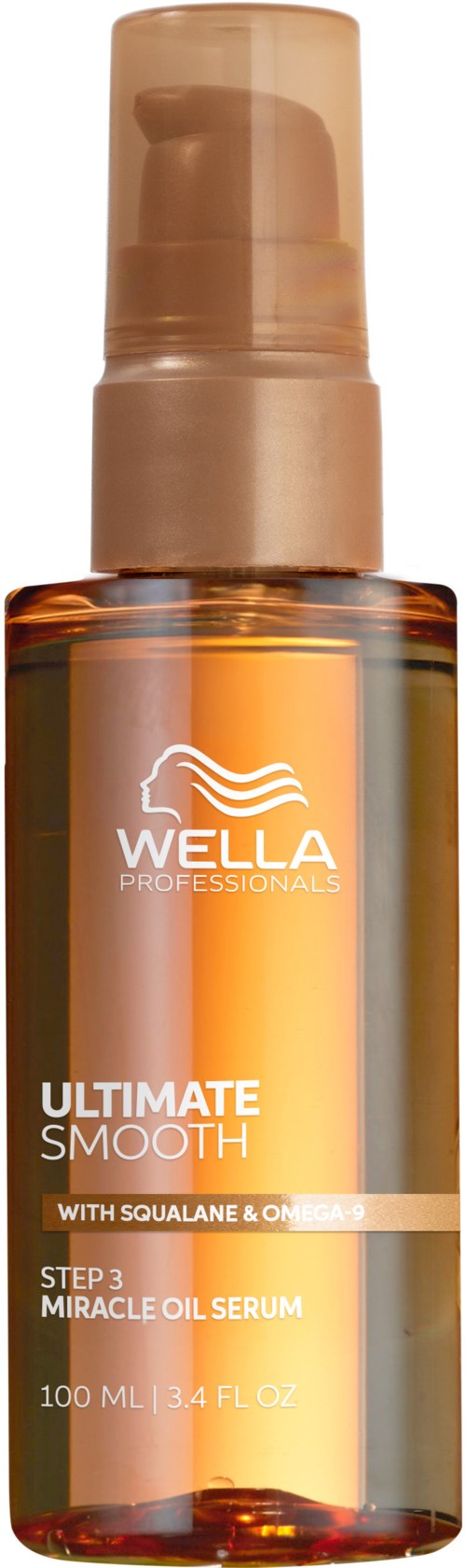 Wella Haarsamtserum in einer kleinen braunen Flasche mit Pumpe, für glattes Haar mit Ölzutaten.