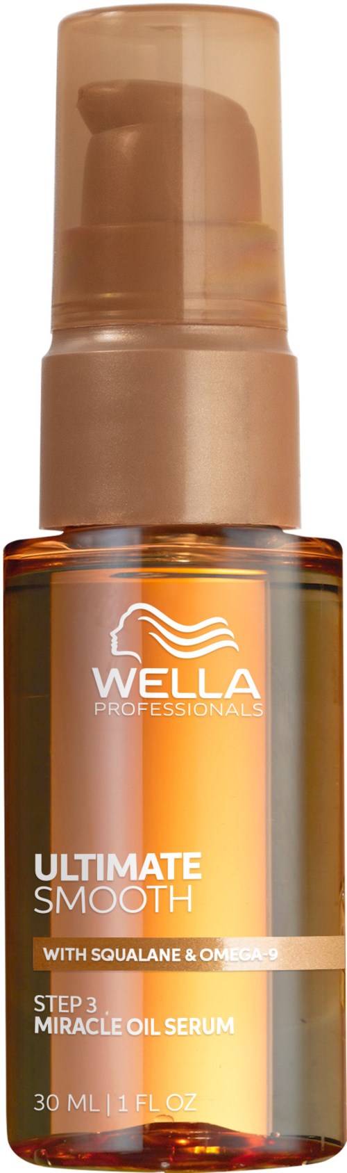 Een klein bruin flesje met dispensing dop, met label Wella Professionals Ultimate Smooth Miracle Oil Serum, 30 ml.