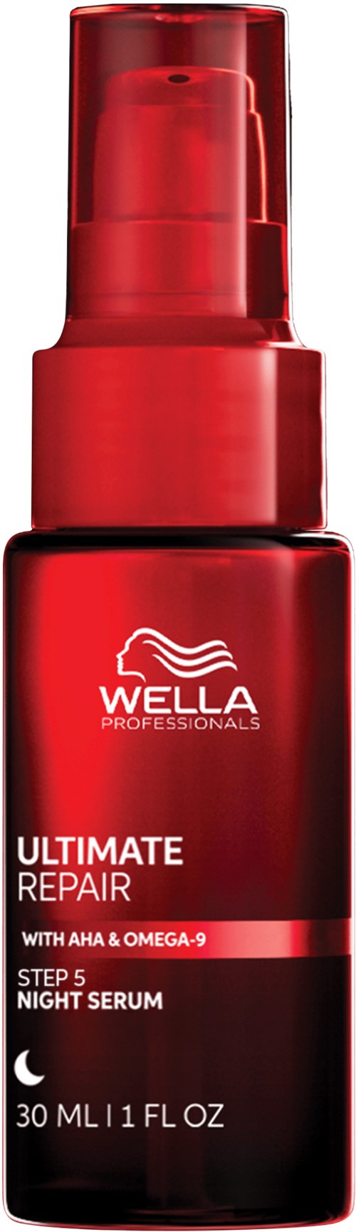 A red bottle of Wella Professionals Ultimate Repair Night Serum with a pump dispenser.