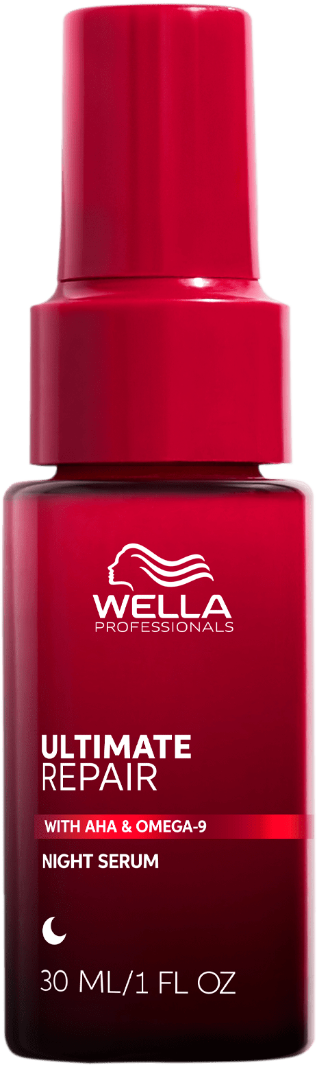 A red bottle of Wella Ultima Repair Night Serum with AHA and Omega-9, 30 ml size.