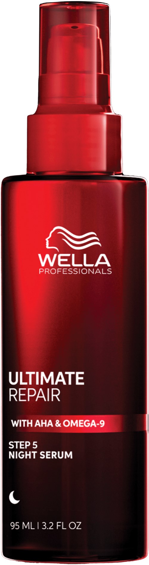 Red bottle of Wella Professionals Ultimate Repair Night Serum with AHAs & Omega-9.