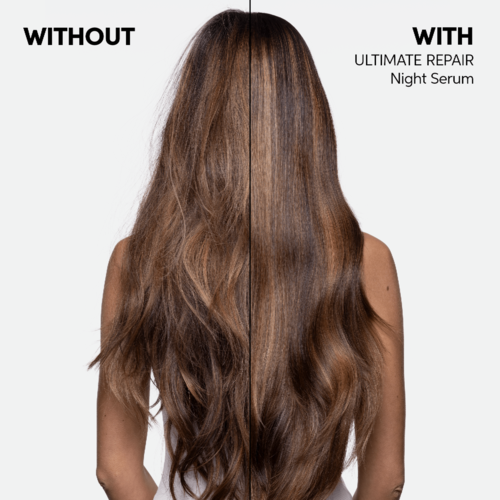 A woman's hair shows improvement after using night serum, appearing smoother and shinier on the right side.