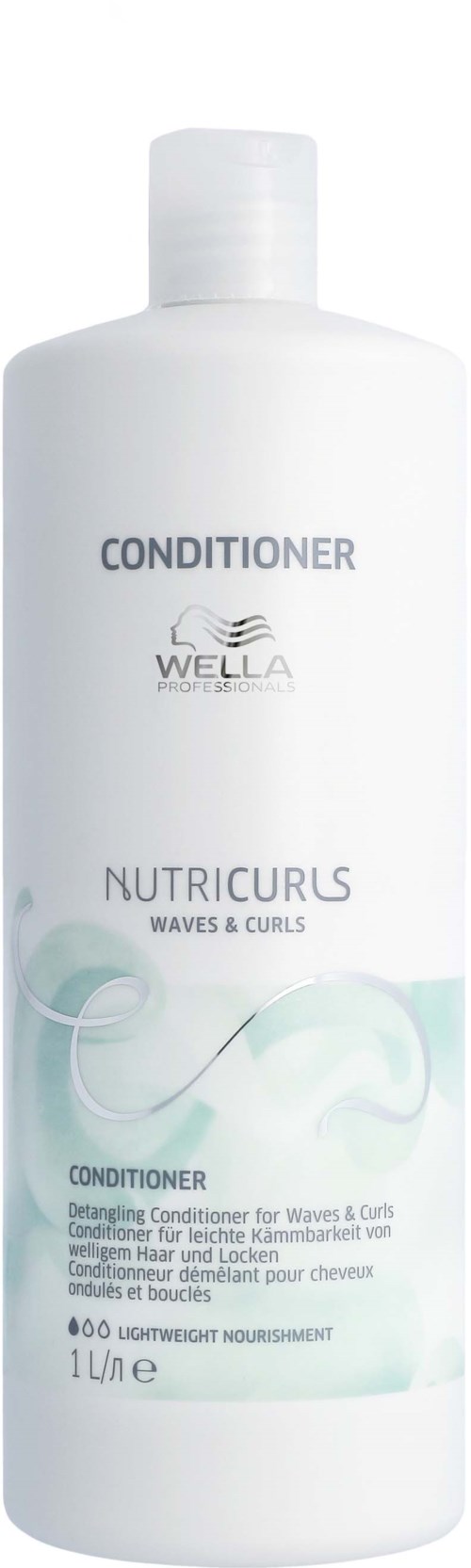 Eine weiße Flasche mit der Aufschrift 'Wella Nutricurls Conditioner' für Wellen und Locken, einfache Verpackung und Klappverschluss.