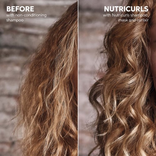 Vorher-Nachher-Bilder von Haaren zeigen die Verwandlung mit Nutricurls Shampoo, Maske und Curlfix, von lockig bis definiert.