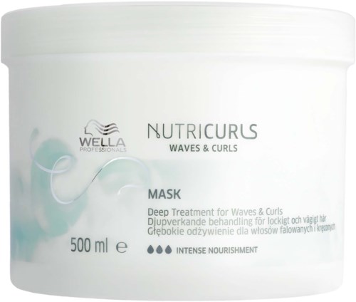 Biały słoik z etykietą na WELLLA Nutricurs Waves & Curls maskę, 500 ml, zapewnia głęboką pielęgnację dla fal i loków.