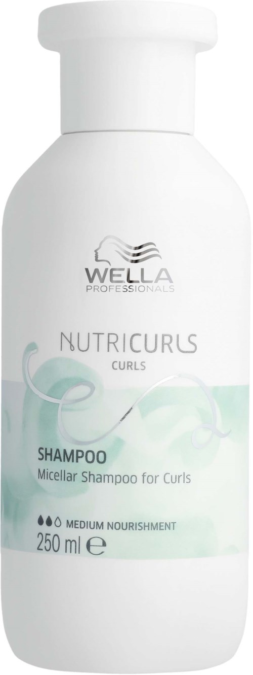 Weißes Flasche mit Wella-Logo, gekennzeichnet als Nutricurls Curls Micellar Shampoo, für Locken, 250 ml, mittlere Pflege.