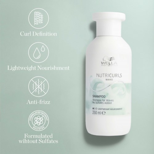 Eine Shampooflasche mit Text, der Lockendefinition, leichtes Pflege, Anti-Frizz und sulfatfreie Formel hervorhebt.