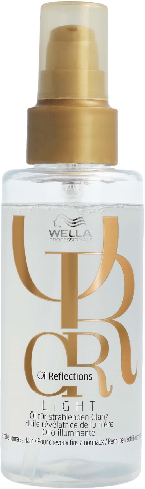 Een heldere sprayfles met een gouden pomp en label, waarschijnlijk een haar- of huidverzorgingsproduct van Wella.