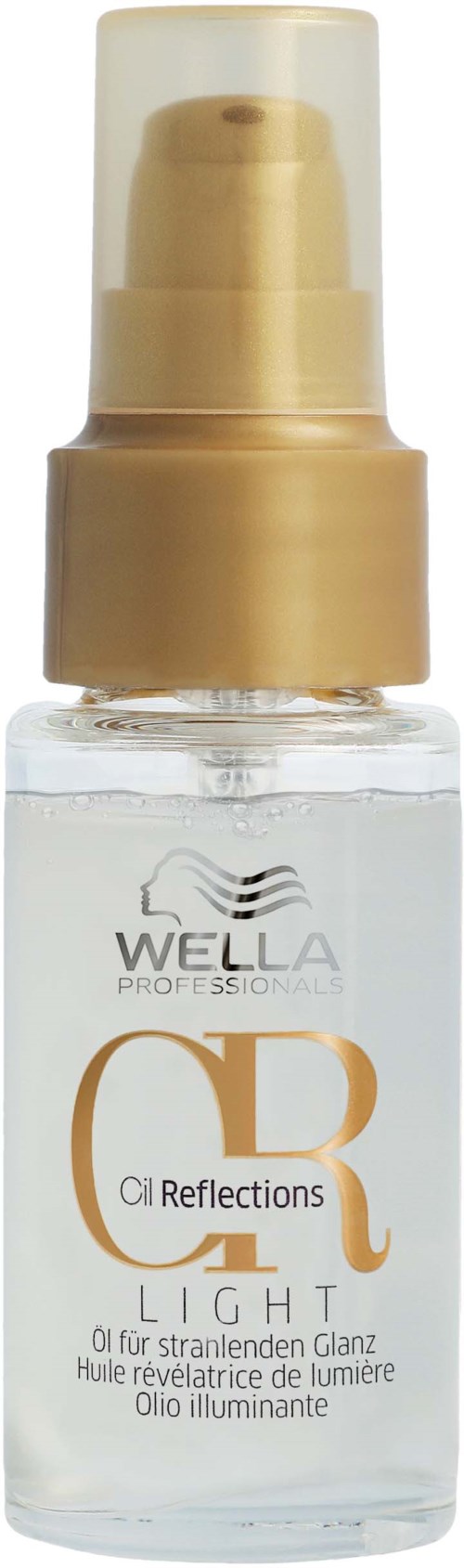 Een kleine doorzichtige flacon met een gouden pomp en doorzichtige dop, gelabeld "Wella Professional" met gouden letters.