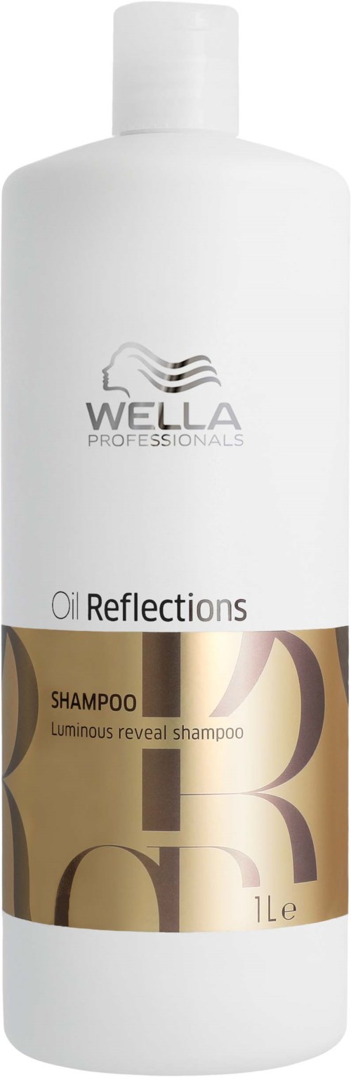 Valkoinen pullo Wella Professionals Oil Reflections -shampoota, kultainen ja musta etiketti, 1 litra.