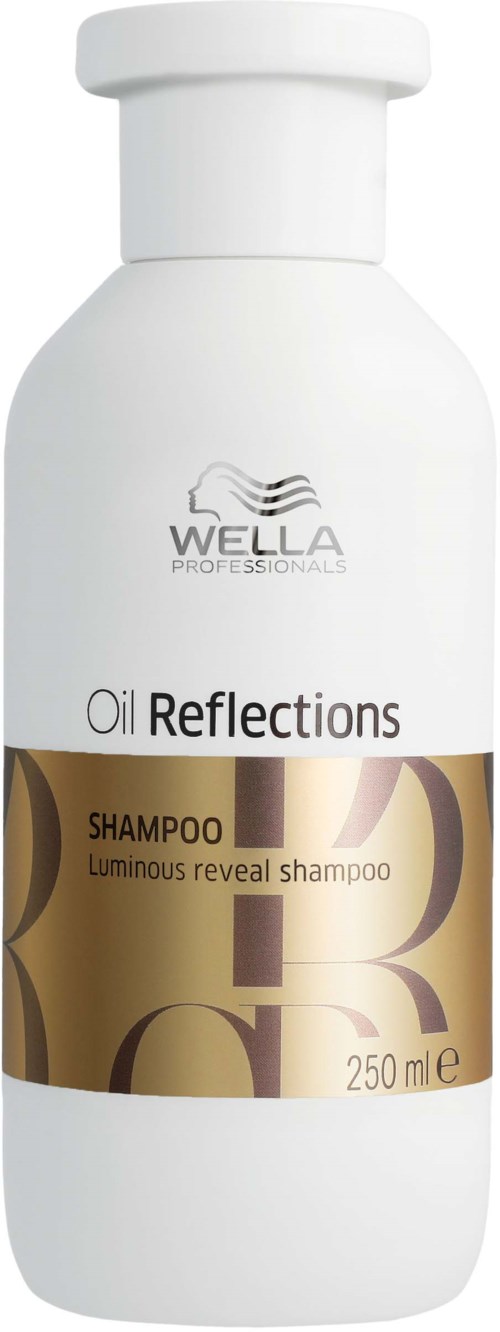 Witte fles met Wella Oil Reflections Shampoo, 250 ml, met goud en bruin ontwerp.