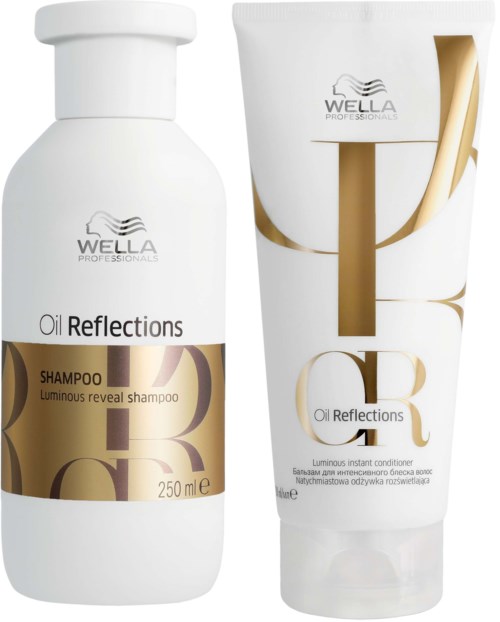 Kaksi hiustenhoitotuotetta, shampo ja hoitoaine, nimeltä "Oil Reflections" valko- ja kultaversioissa.
