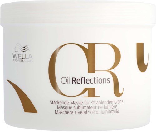 Valkoinen Wella Professionals Oil Reflections -Hiusnaamio, kultainen ja musta teksti ja logo.