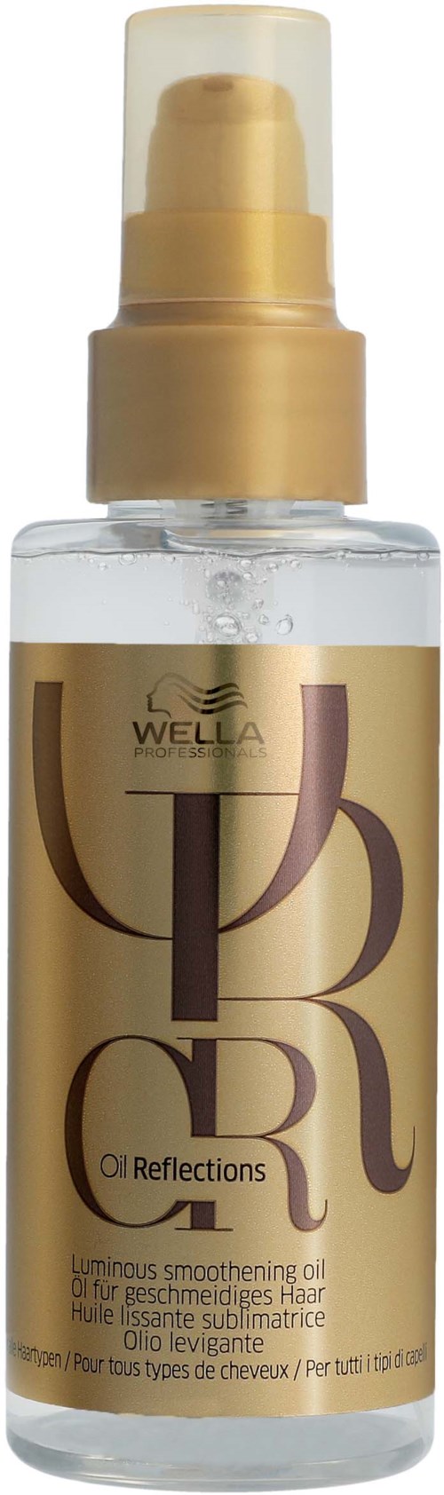 Een heldere sprayfles met een gouden dop en etiket, met haarverzorgende olie van Wella Professionals.