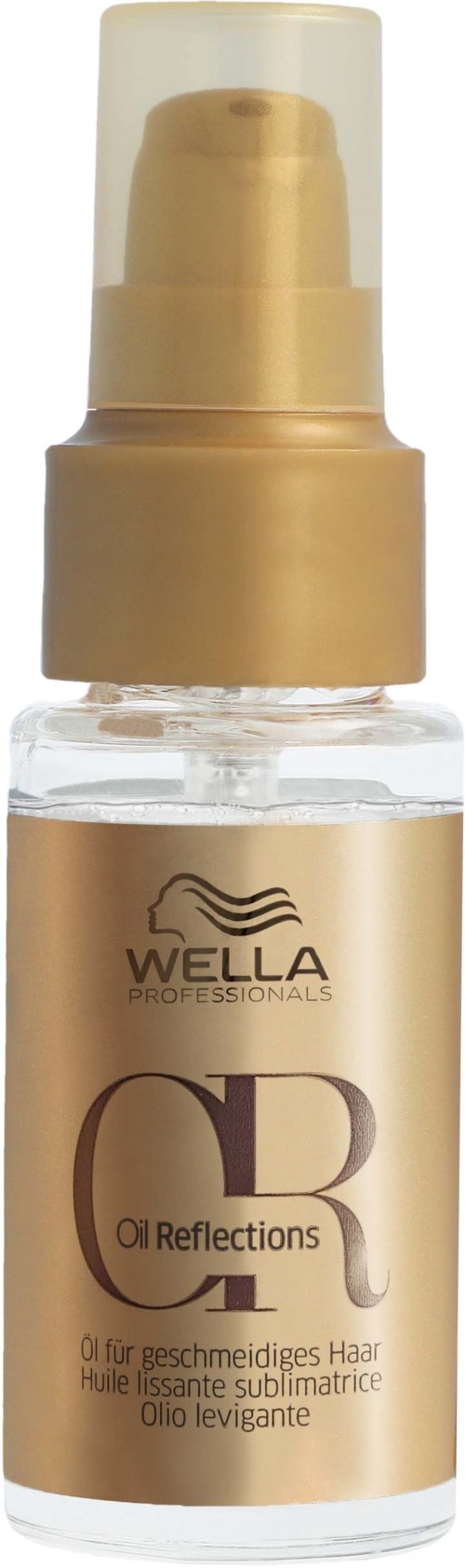 A small bottle with a gold cap and label, containing hair oil called Wella Oil Reflections.