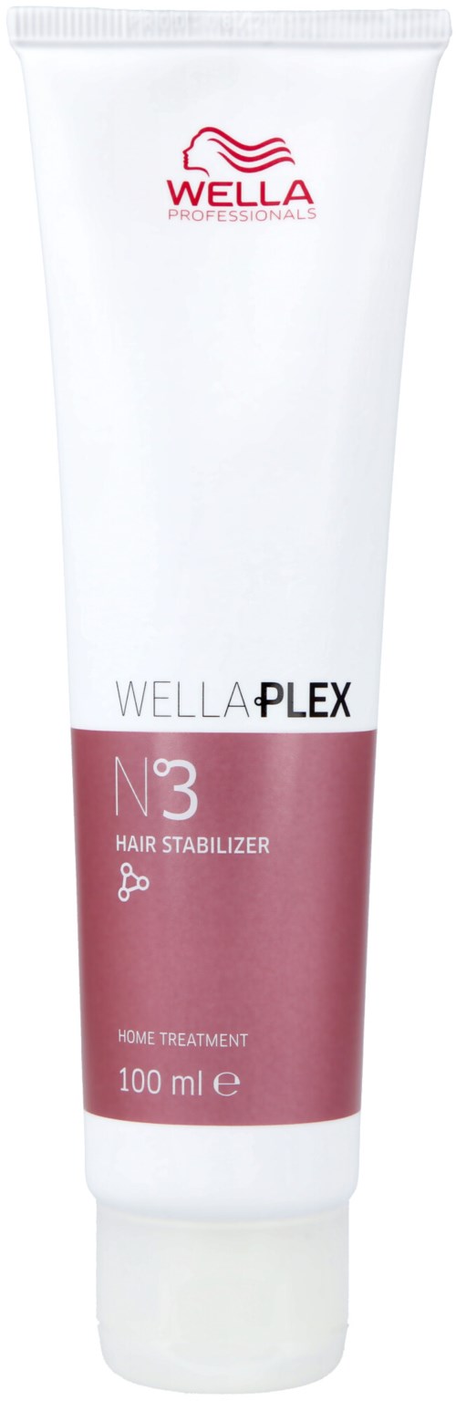 A white tube of hair gel or treatment with pink label and red logo on top.