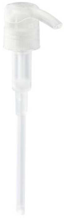 A white pump nozzle attached to a long thin tube, used for dispensing liquids.