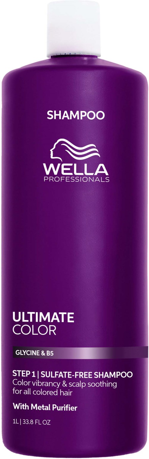 Purple shampoo bottle with Wella logo, labeled 'Ultimate Color' and 'Sulfate-Free' for colored hair.