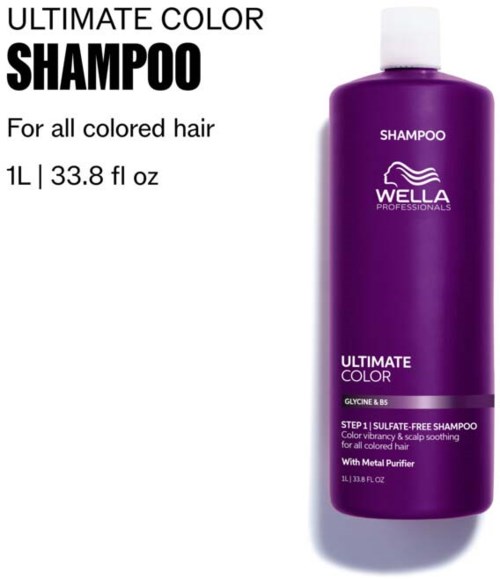 A purple shampoo bottle with a white cap, labeled for all colored hair, with brand and product details.