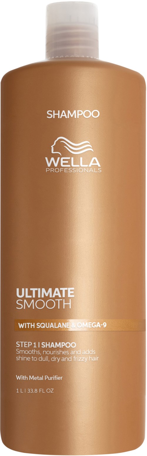 Een lange, gouden fles Wella shampoo voor zijdeachtig haar, met ingrediënten zoals squalane en omega-9.