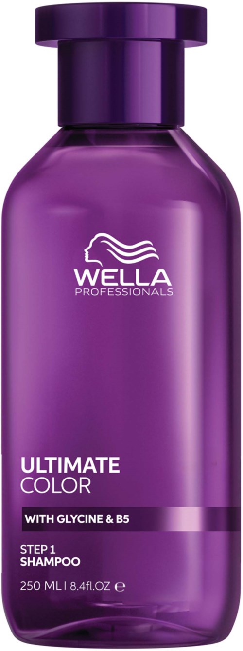 Een paarse fles Wella Professionals Ultimate Color shampoo met witte en paarse tekst en een paarse dop.