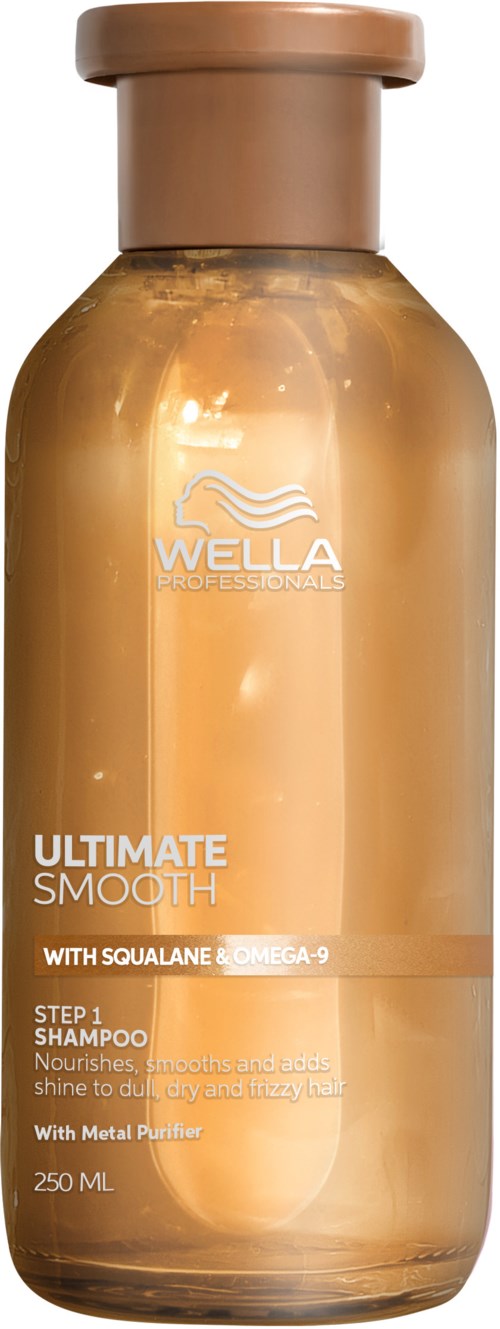 Een goudkleurige shampoo fles met het label 'Wella Professionals Ultimate Smooth' voor haarverzorging en gladmakend.