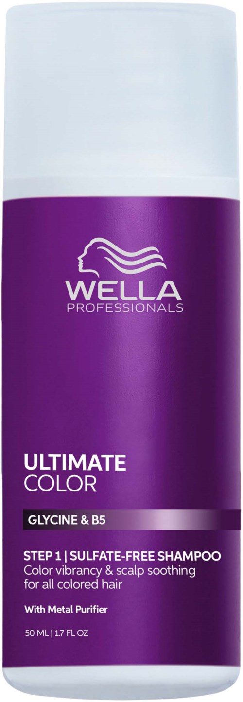 Purple shampoo bottle with white cap, labeled Wella Professionals Ultimate Color, sulfate-free for colored hair.