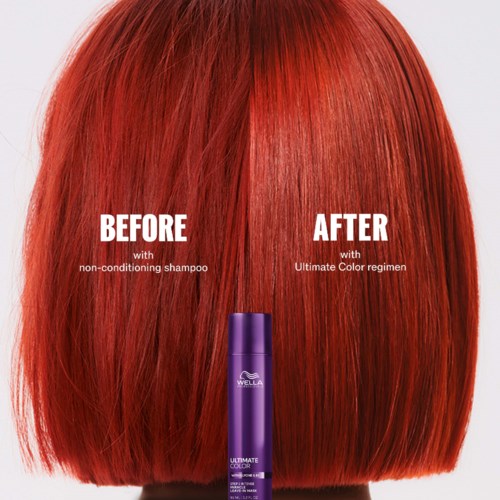 Red hair before and after treatment using Wella Ultimate Color regimen, showing a bright, vibrant change.