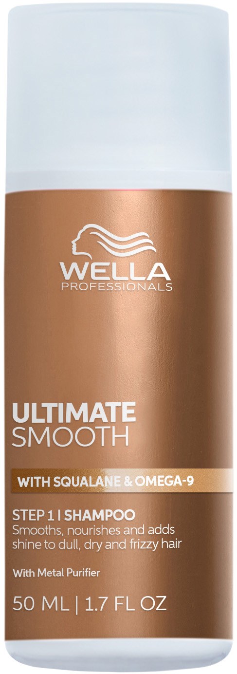 Een haarshampoo fles met witte dop, bruine body, Wella-logo en woorden Ultimate Smooth met squalane en omega-9.