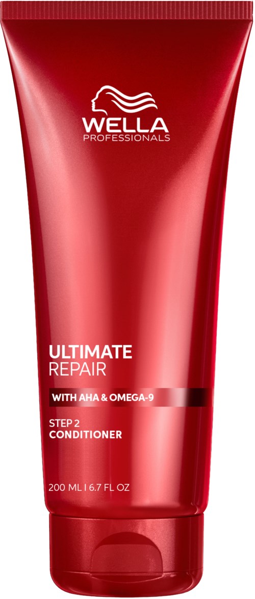 Rood tube Wella Professionals Ultimate Repair conditioner, bevat AHA en Omega-9, voor haarherstel.