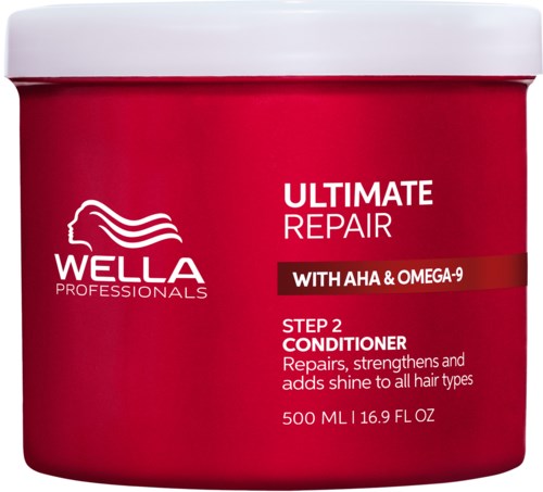 Rote Haarpflege-Box mit der Aufschrift 'WELLA PROFESSIONALS ULTIMATE REPAIR STEP 2 CONDITIONER' zur Reparatur und Stärkung der Haare.