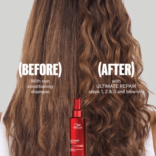 Vorher und nachher Haarveränderung mit glattem und welligem Haar und einer roten Sprühflasche für Reparatur.