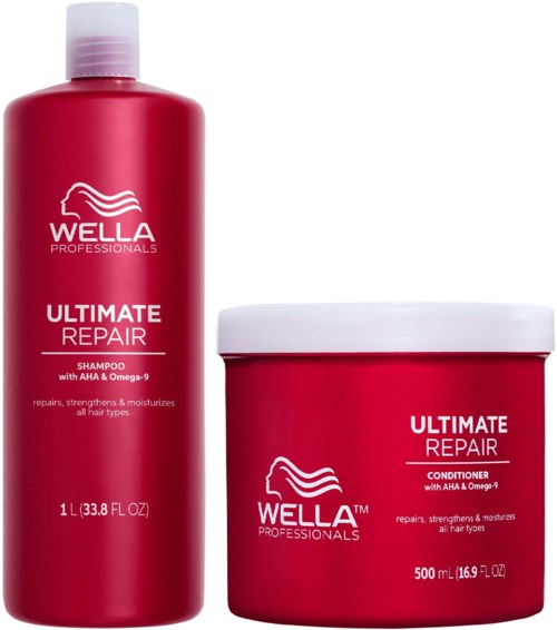 Rote Wella-Shampoo- und Conditioner-Behälter für Haartrepair und Stärkung. Beide haben weiße Deckel und Etiketten.