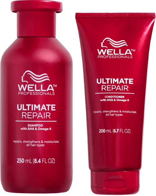 Rote Flaschen für Shampoo und Conditioner von Wella Professionals Ultimate Repair. Beide enthalten Haarreparaturprodukte mit Omega-9.