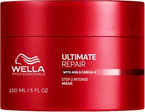 Red jar of Wella Professionals Ultimate Repair mask with omega-9, 150 ml, for damaged hair.