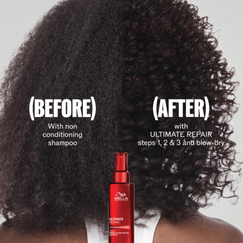 A woman shows her hair before and after using Wella Ultimate Repair shampoo and treatment for curly hair.