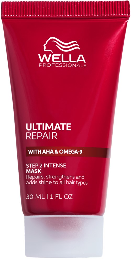 Een rode tube met Wella Professionals Ultimate Repair met AHA en Omega-9 voor haar, containing 30 ml of 1 fl oz.