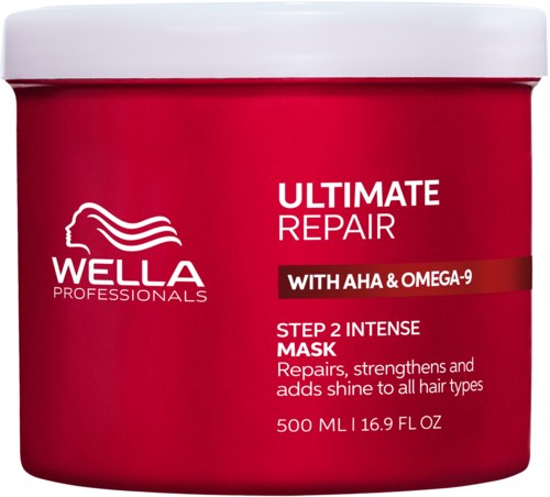Red container of Wella Professionals hair mask for repair with AHA and Omega-9, 500ml. Repairs and adds shine.