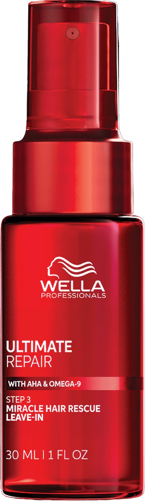 Rode sprayfles met Wella Professionals Ultimate Repair met AHA & Omega-9, voor haarverzorging.