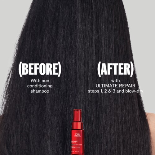 Een afbeelding van haarverzorgingsproduct die haar laat zien voor en na gebruik van een herstel spray, met tekst die de resultaten uitlegt.
