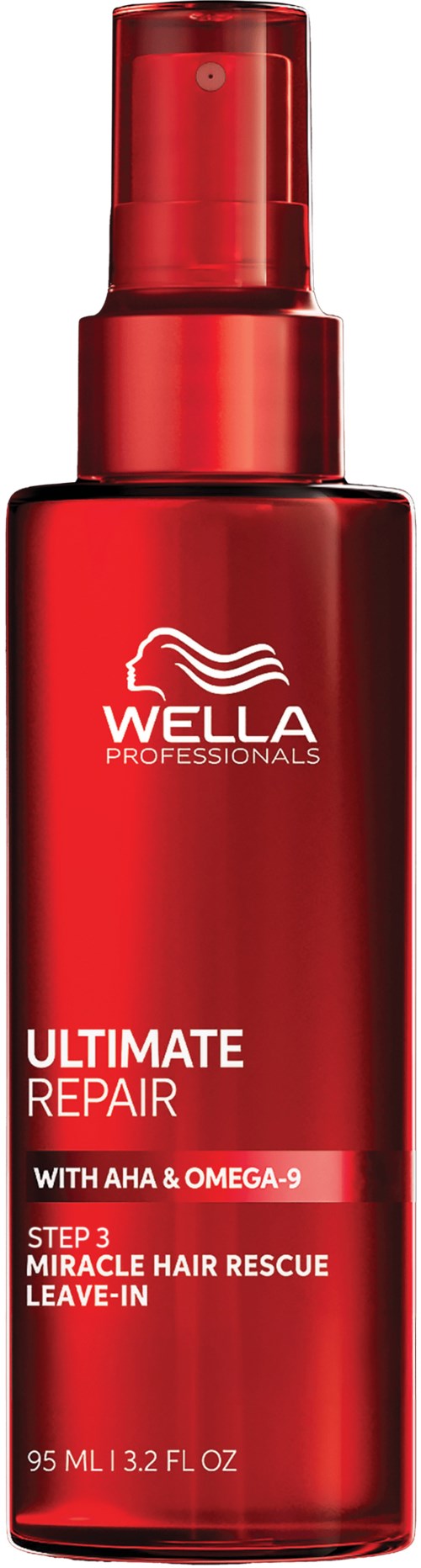 Red bottle of Wella hair product labeled Ultimate Repair with Omega-9 and step 3 Miracle Hair Rescue.