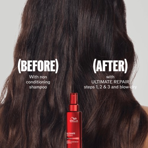 Comparison showing hair before and after using a repair shampoo. The hair looks healthier after treatment.