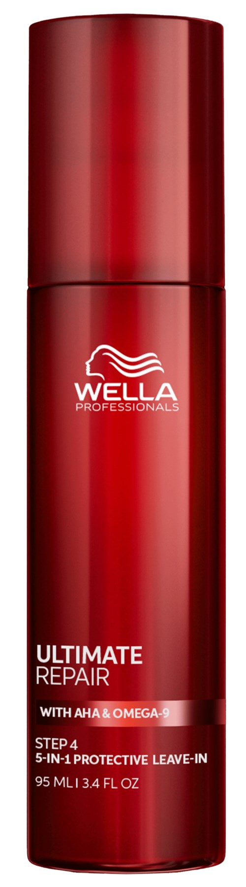 Een rode fles met witte tekst, gemerkt Wella Ultimate Repair, met dop bovenop.