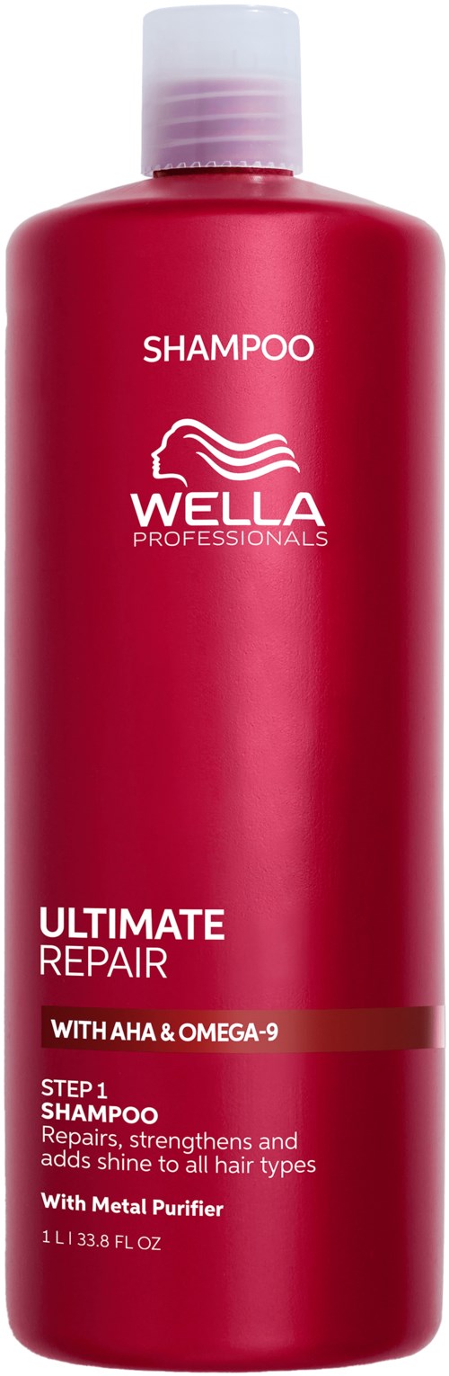 Rode fles met Wella Professionals Ultimate Repair Shampoo met witte dop, gouden en witte tekst, en logo.
