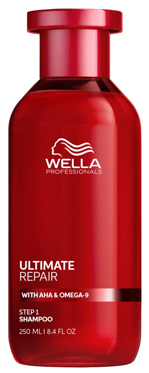Eine rote Flasche Wella Ultimate Repair Shampoo, 250 ml, mit weißem und schwarzem Text und Deckel oben.
