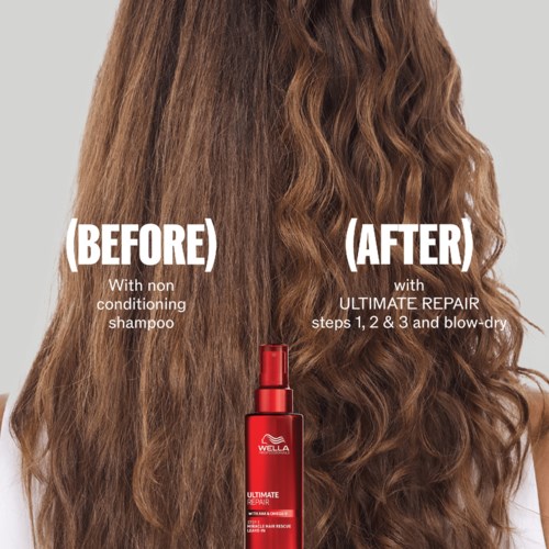 Das lange, lockige Haar einer Frau zeigt Vorher-Nachher-Effekt mit Haarreparaturprodukten.