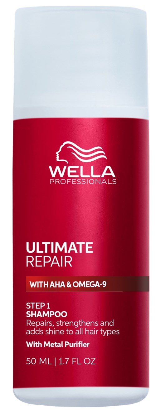Rode en witte fles Wella Professionals Ultimate Repair Shampoo met AHA & Omega-9, 50 ml, voor haarherstel en glans.