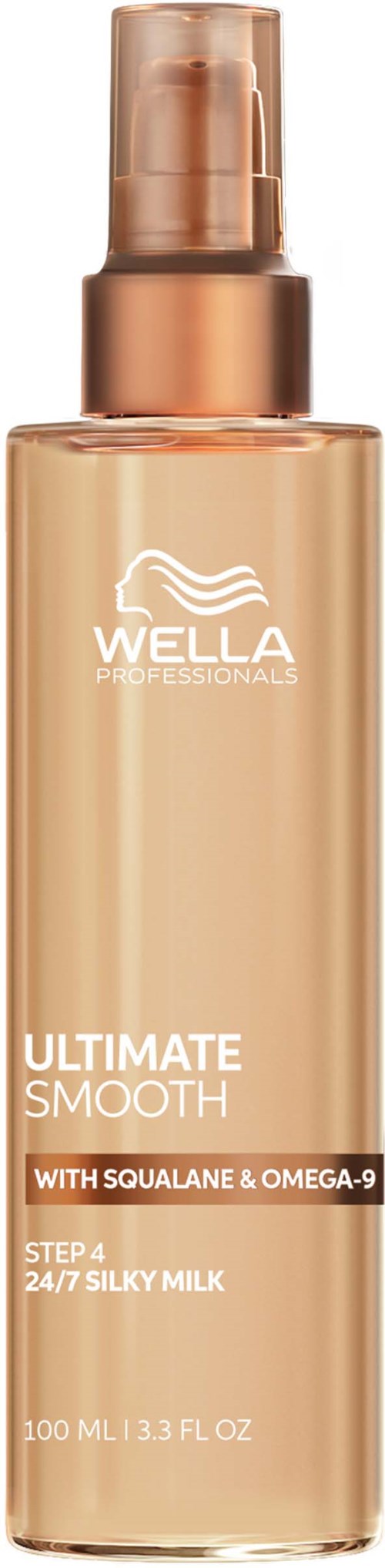 Pitkä Wella-huoltetuubi nimeltä Ultimate Smooth, jossa pumppu, kiiltävässä kullankeltaisessa värissä.