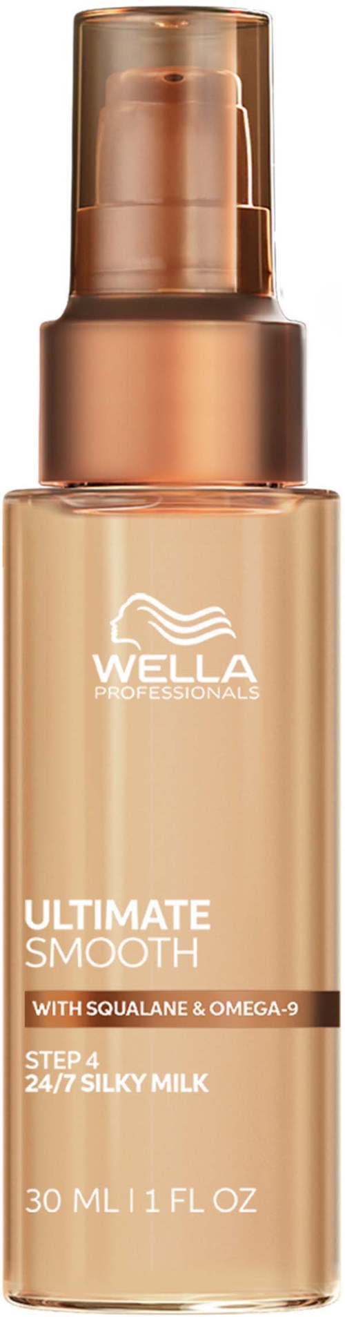 Pitkä Wella-tuote pullo, jossa pumppu, nimeltään Ultimate Smooth Squalane ja Omega-9, 30 ml.
