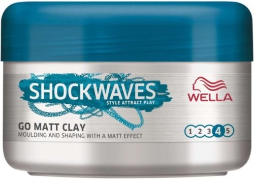 Ein Behälter mit der Aufschrift Shockwaves Go Matt Clay, mit blauen, silbernen und roten Designelementen, und fünf nummerierten Kreisen.